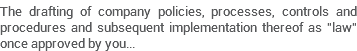 The drafting of company policies, processes, controls and procedures and subsequent implementation thereof as "law" once approved by you...