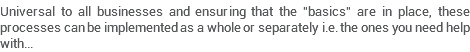 Universal to all businesses and ensuring that the "basics" are in place, these processes can be implemented as a whole or separately i.e. the ones you need help with... 