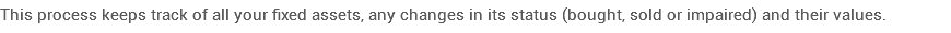 This process keeps track of all your fixed assets, any changes in its status (bought, sold or impaired) and their values. 